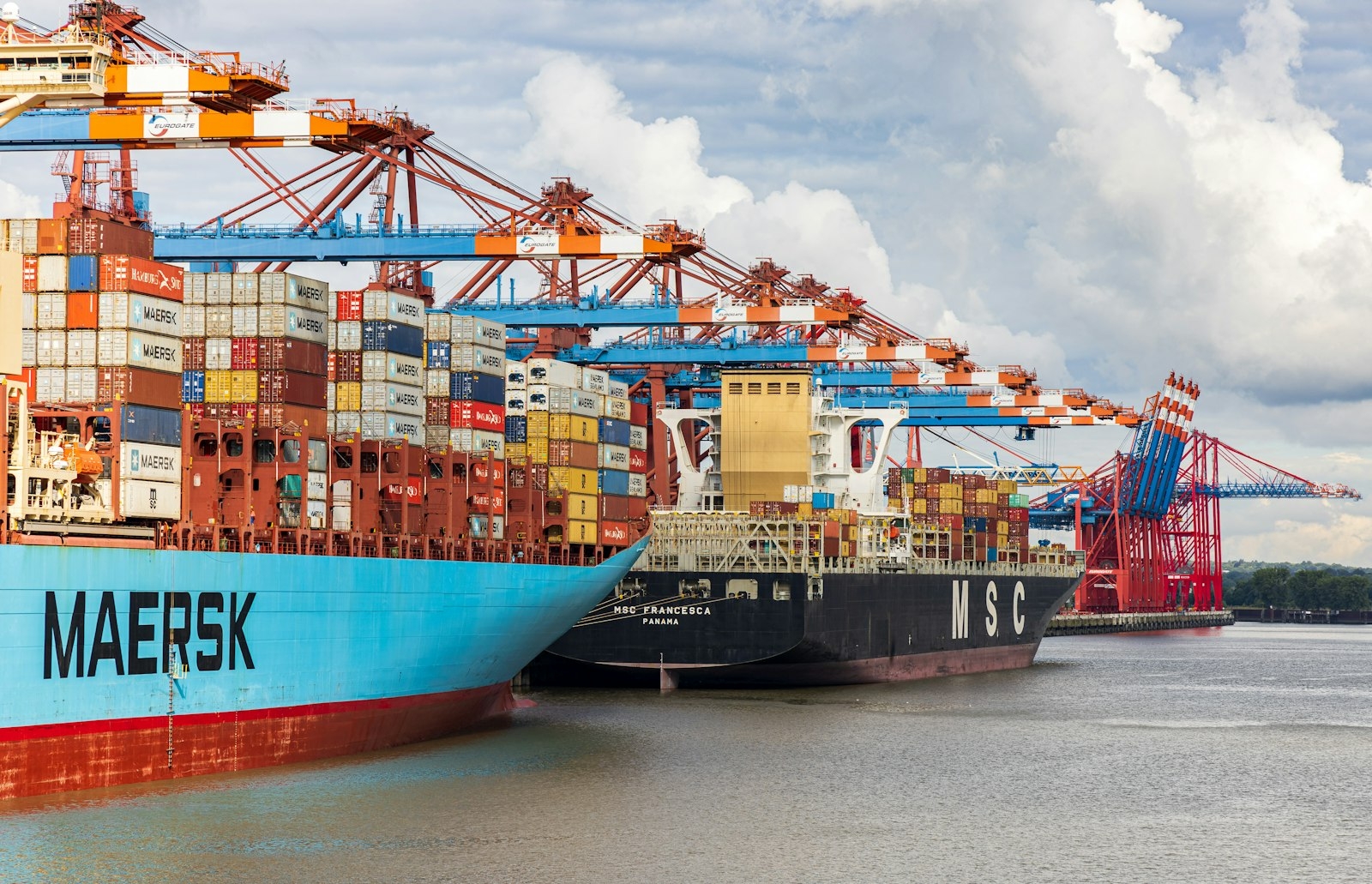 Container ship docked at a port terminal